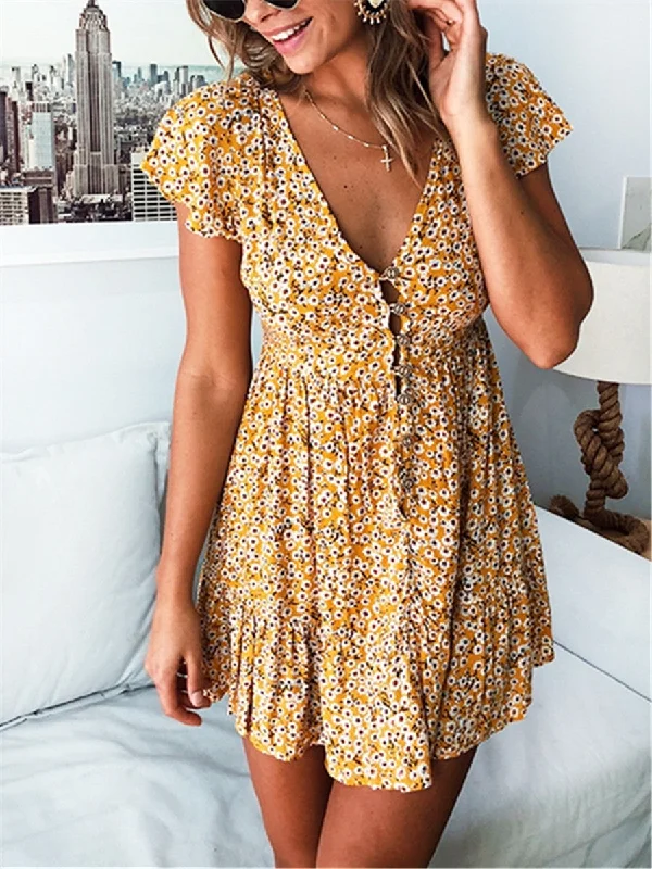 Fashion Floral V Neck Slim Mini Dresses Comfortable Shift Mini Dress