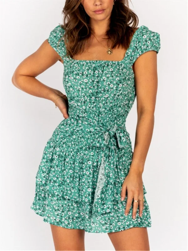 Fashion Square Collar Floral Print Tiered Ruffle Mini Dresses Classic Black Mini Dress