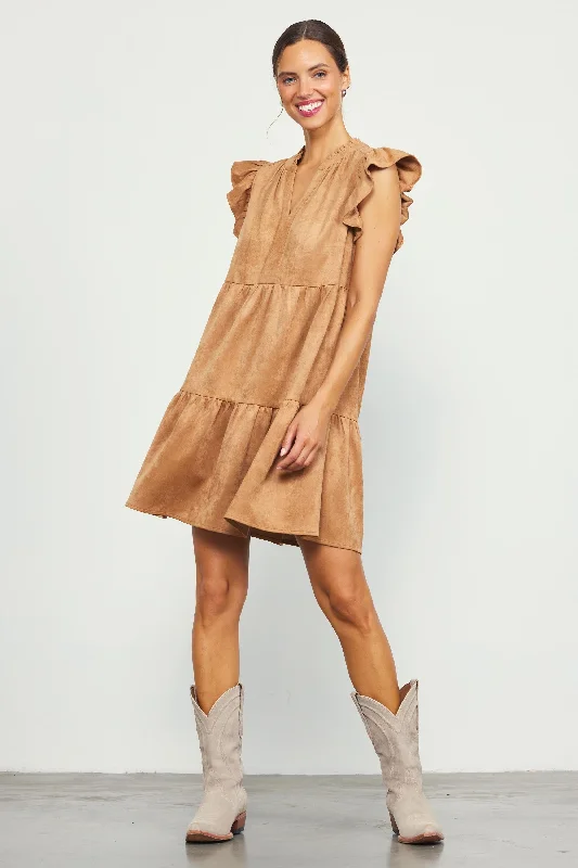 Faux Suede Tiered Mini Dress Cozy Long Sleeve Mini Dress
