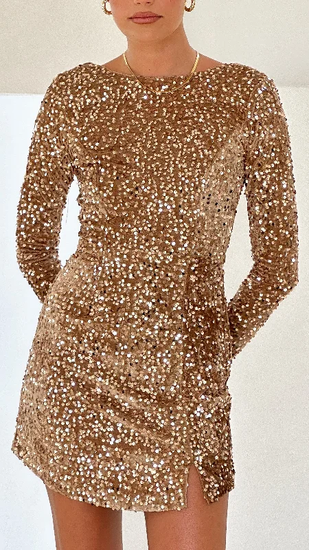 Felicia Mini Dress - Gold Elegant Sequin Mini Dress
