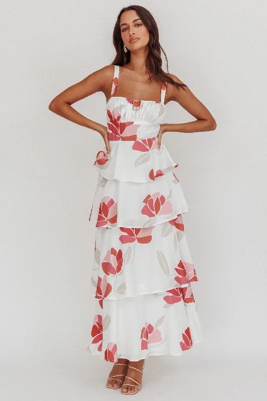 Provence Bloom Tiered Floral Maxi Dress Rose Stylish Off-Shoulder Maxi Dress