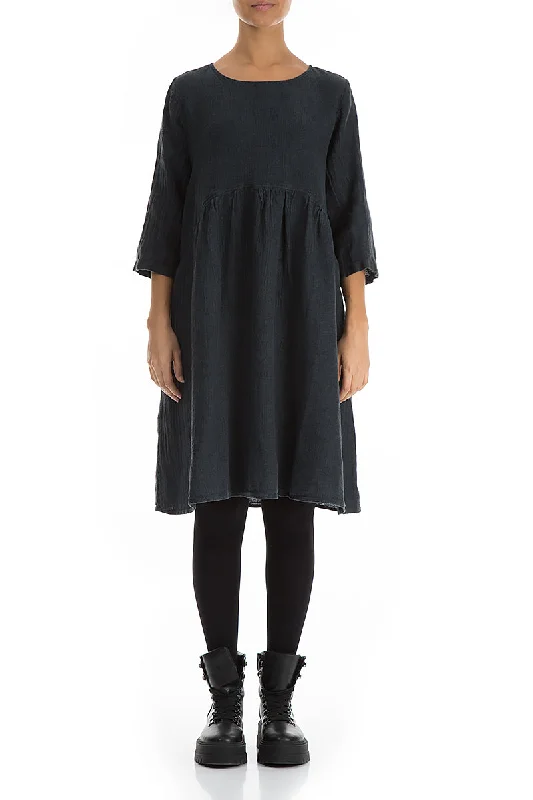 Flared Midnight Blue Mélange Linen Midi Dress Stylish Off-Shoulder Ruffle Dress