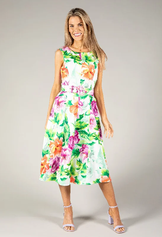 Floral Belted A-Line Midi Dress Stylish Satin Midi Dress
