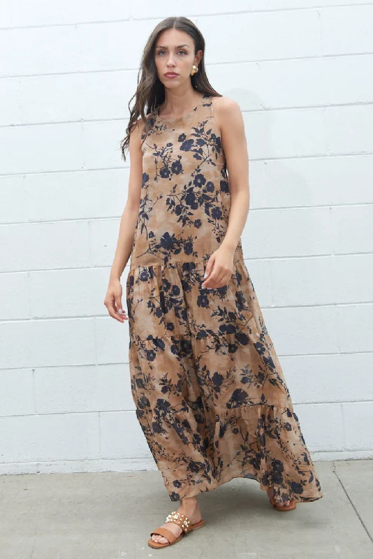 Floral print sleeveless tiered maxi dress wholesale Comfortable Ruffle Hem Maxi Dress