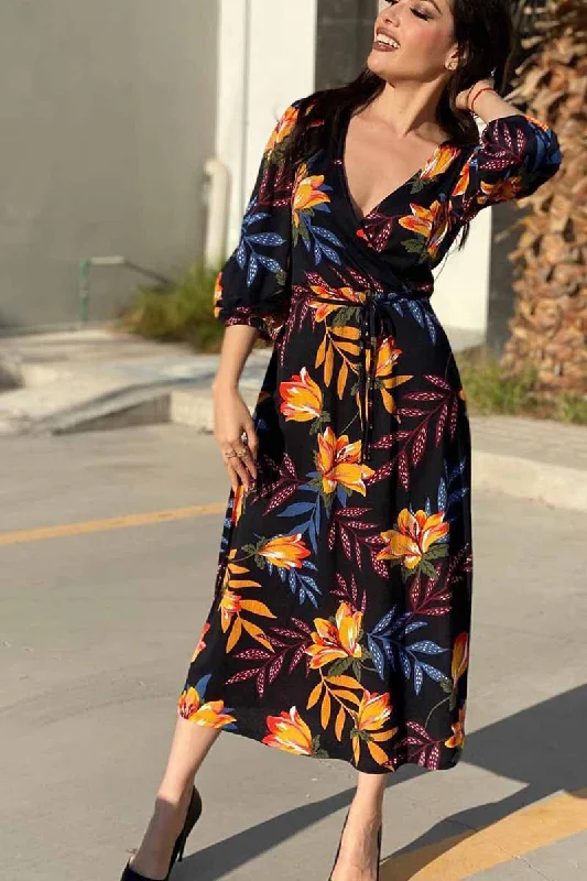 Florcoo Stitching Flower Picture Double V-neck Midi Dress Stylish Color Block Midi Dress