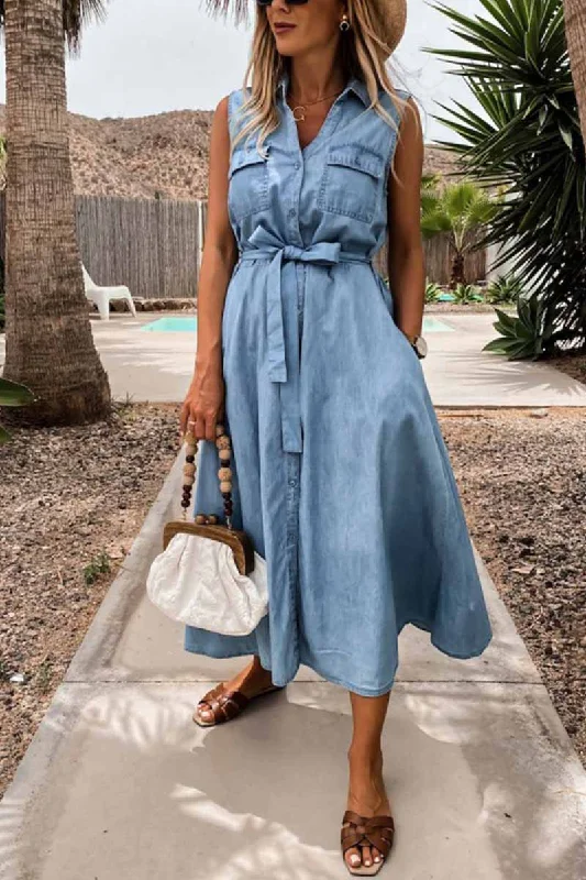Florcoo Sleeveless Lace-Up Single-Breasted Denim Midi Dress Trendy Bodycon Midi Dress