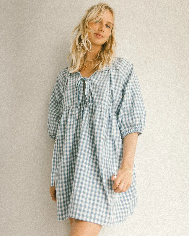 Florence Mini Dress | Blue Gingham Trendy Mesh Mini Dress