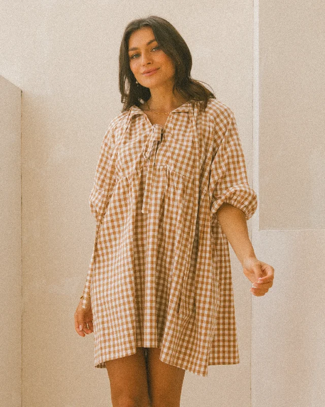 Florence Mini Dress | Caramel Gingham Casual V-Neck Mini Dress