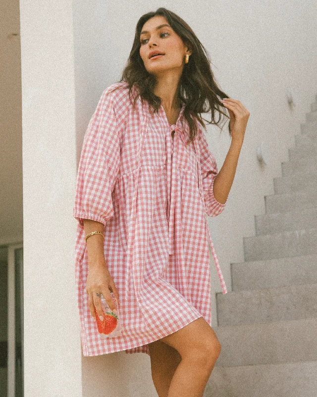 Florence Mini Dress | Pink Gingham Stylish Floral Print Mini Dress