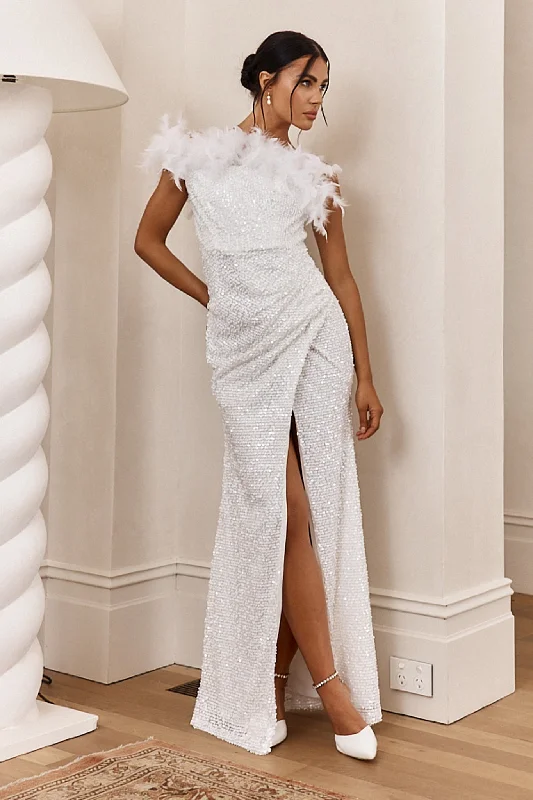 For Lovers Feather Trim Sequin Maxi Dress White Classic Strapless Maxi Dress
