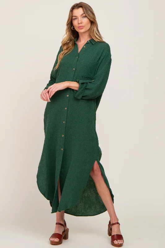 Forest Green Button Down 3/4 Sleeve Midi Dress Elegant Sleeveless Midi Dress