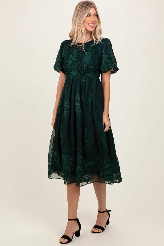 Forest Green Floral Lace Smocked Midi Dress Elegant Lace Trim Midi Dress