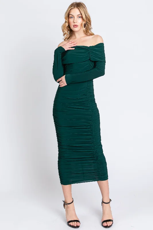 Forest Green Off Shoulder Mesh Ruched Midi Dress Trendy Floral Wrap Midi Dress