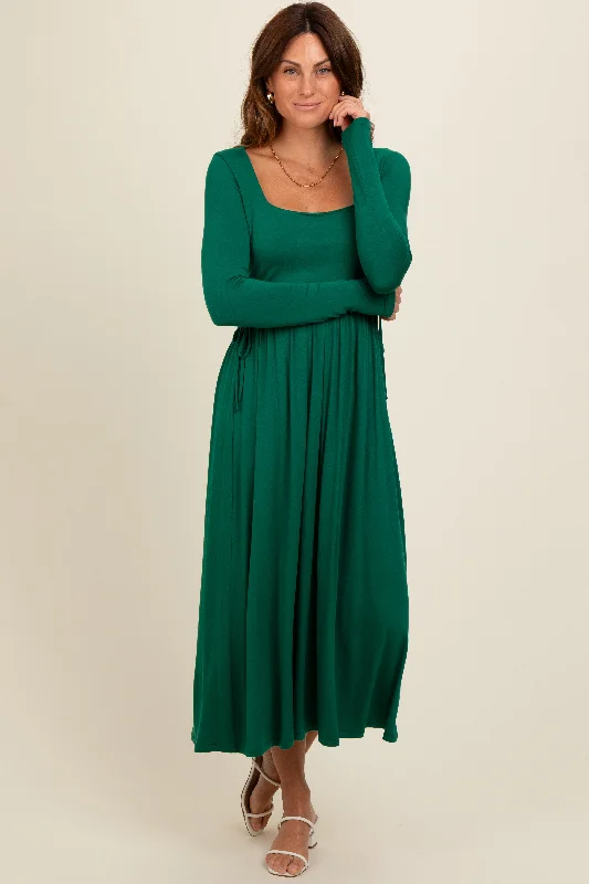 Forest Green Square Neck Long Sleeve Midi Dress Fashionable Sheer Sleeve Midi Dress