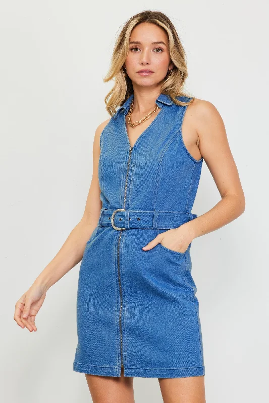 Front Zipper Denim Mini Dress With Belt Fashionable Boho-Chic Mini Dress