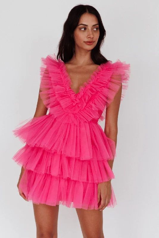 Froufrou Layered Tulle Mini Dress Hot Pink Trendy Lace Mini Dress