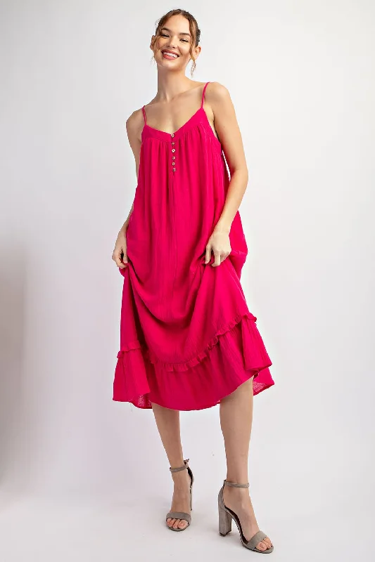 Fuchsia Button Front Pocketed Midi Dress Comfortable Fit-and-Flare Midi Dress