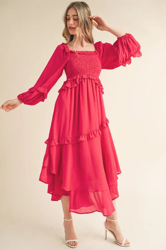 Fuchsia Smocked Ruffle Long Sleeve Midi Dress Elegant Velvet Midi Dress