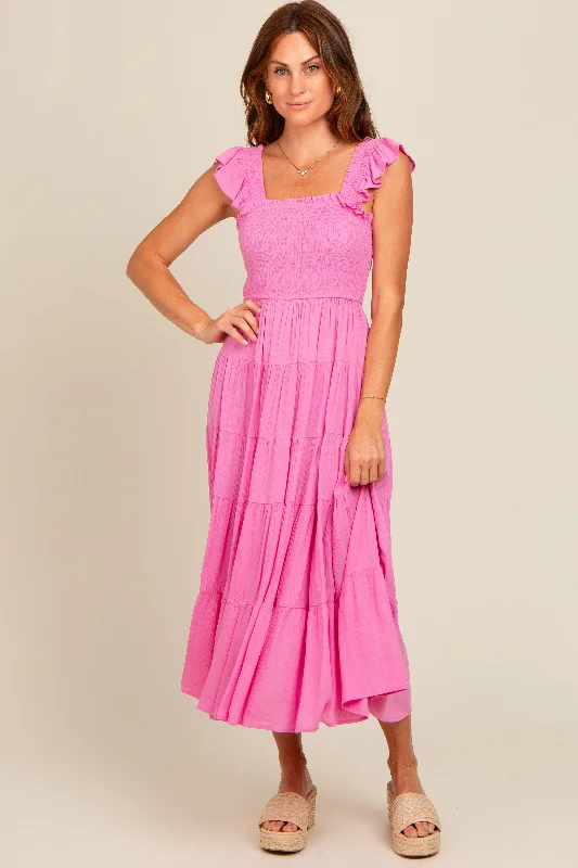 Fuchsia Smocked Tiered Ruffle Strap Midi Dress Trendy Flared Sleeve Midi Dress