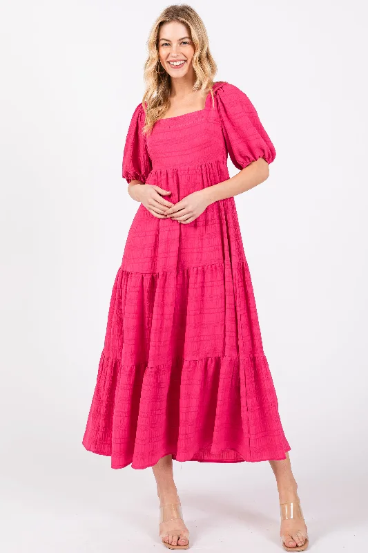 Fuchsia Textured Tiered Midi Dress Trendy Ruffle Hem Midi Dress