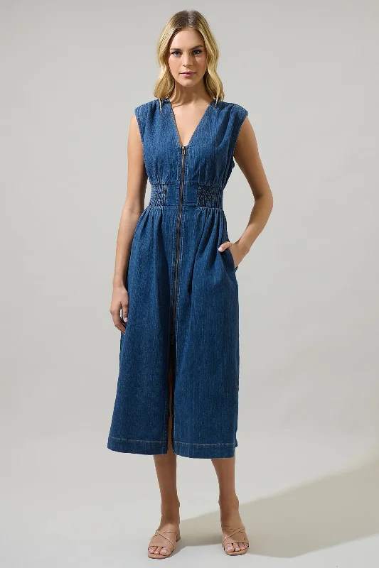 Gabriella Denim Lula Sleeveless Smocked Midi Dress Fashionable Wide Leg Midi Dress