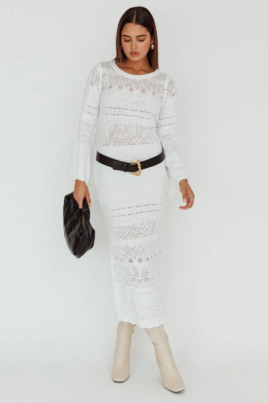 Gail Long Sleeve Crochet Maxi Dress White Comfortable Fitted Maxi Dress