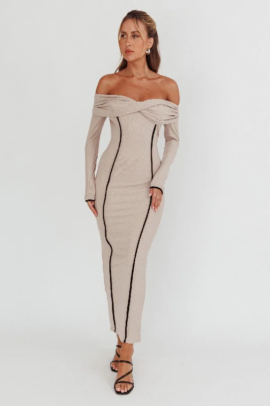 Genesis Off-Shoulder Long Sleeve Maxi Dress Pebble Stylish Button-Up Maxi Dress