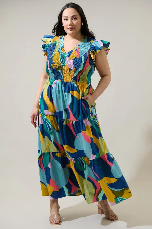 Gia Abstract Sunfire Smocked Bodice Tiered Midi Dress Curve Comfortable Ribbed Midi Dress