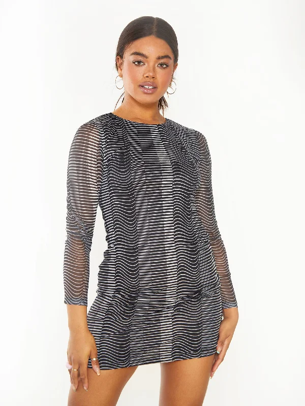 Glamorous Black White Optical Mesh Pattern Long Sleeve Mini Dress Trendy Floral Mini Dress