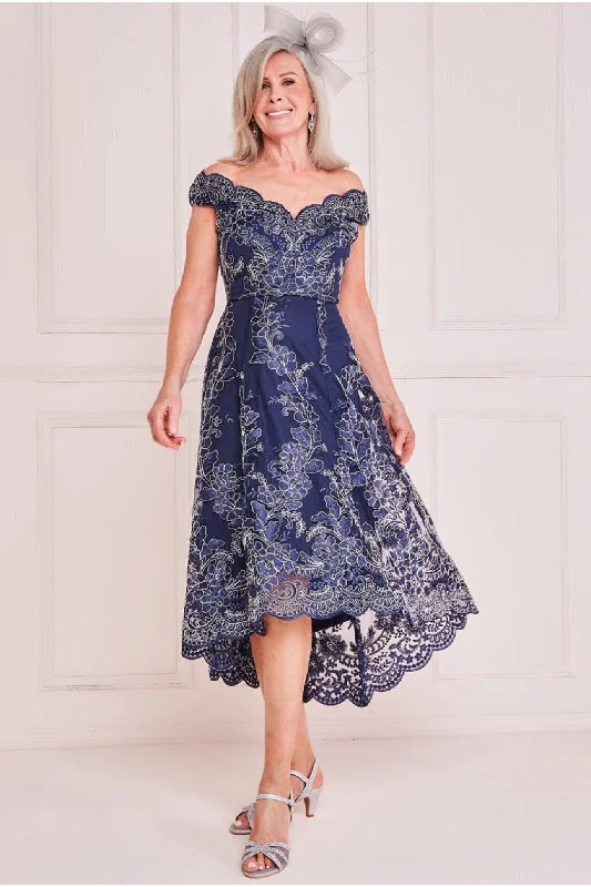 Goddiva Embroidered Lace High Low Midi Dress - Navy Comfortable Draped Midi Dress