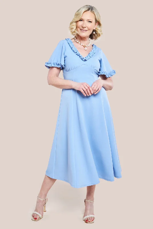 Goddiva Flare Sleeve Frill Edge Midi Dress - Corn Flower Blue Trendy Flared Sleeve Midi Dress