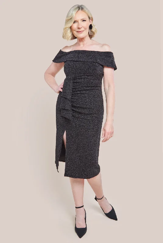 Goddiva Lurex Bardot Midi Dress With Waterfall Ruffle - Black Elegant Maxi-Midi Hybrid Dress