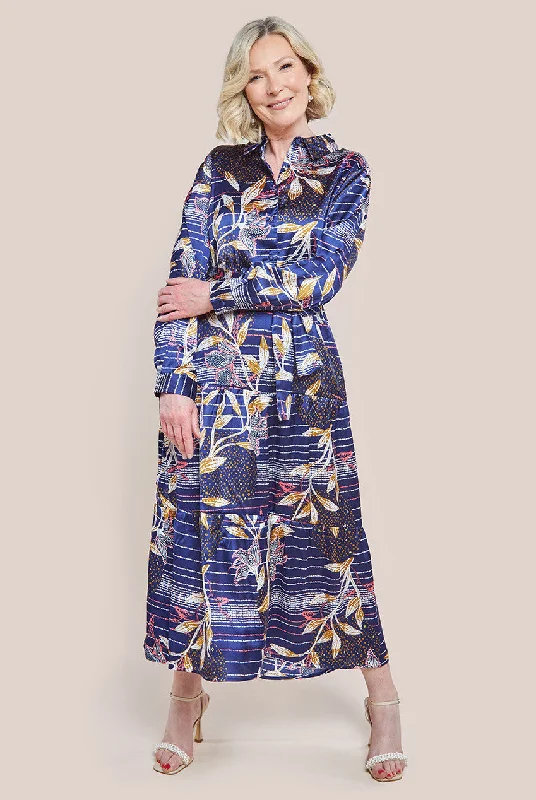 Goddiva Printed Tiered Shirt Midi Dress - Navy Stylish Animal Print Midi Dress