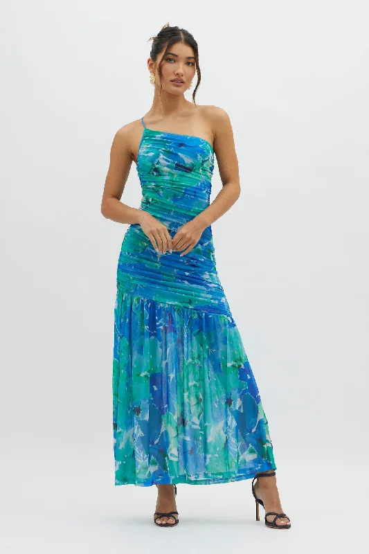 Golden Sun One-Shoulder Ruched Maxi Dress Green Fashionable Sleeveless Maxi Dress