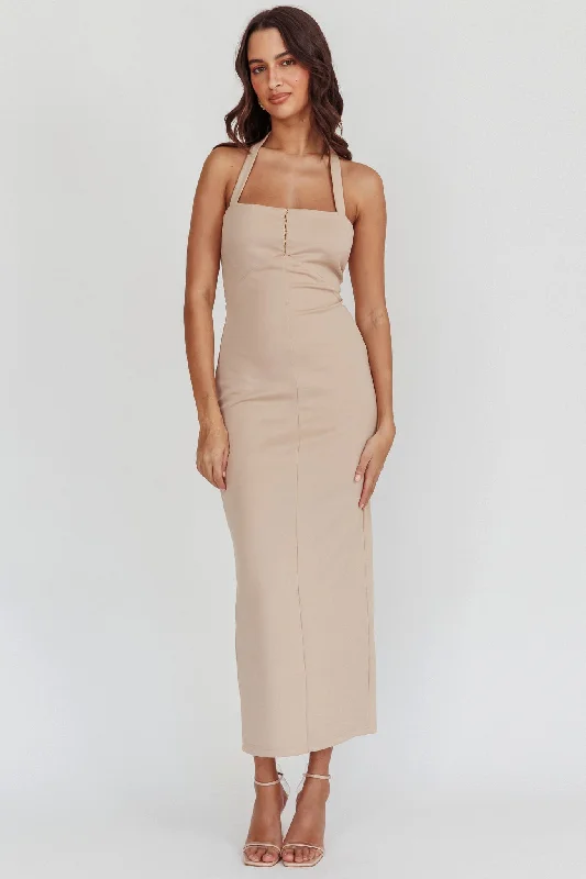 Goldfoil Halter Neck Maxi Dress Ecru Stylish Pleated A-Line Maxi Dress