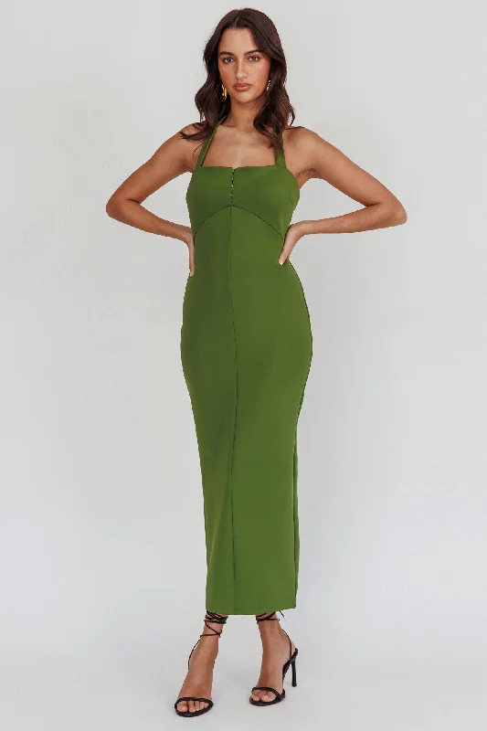 Goldfoil Halter Neck Maxi Dress Olive Elegant Maxi Dress with Belt