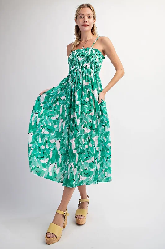 Green Abstract Floral Smocked Midi Dress Comfortable Wrap Midi Dress