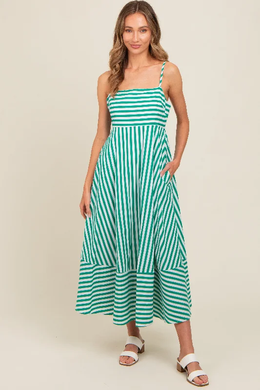 Green Contrast Stripe Midi Dress Stylish Button-Down Midi Dress