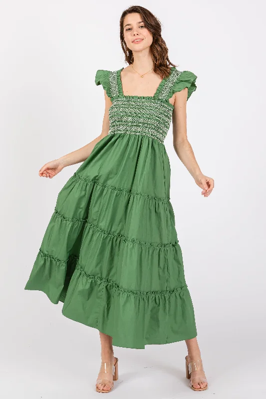 Green Embroidered Smocked Midi Dress Comfortable Casual Midi Dress