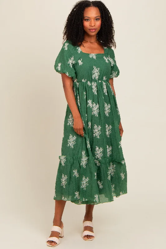 Green Floral Print Ruffle Hem Midi Dress Trendy Shift Midi Dress