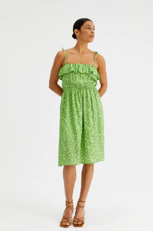 Green Floral Print Strappy Midi Dress Elegant Puff Sleeve Midi Dress