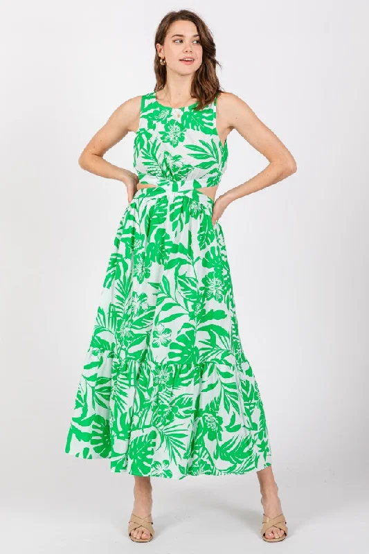 Green Floral Side Cutout Ruffle Midi Dress Comfortable Draped Midi Dress