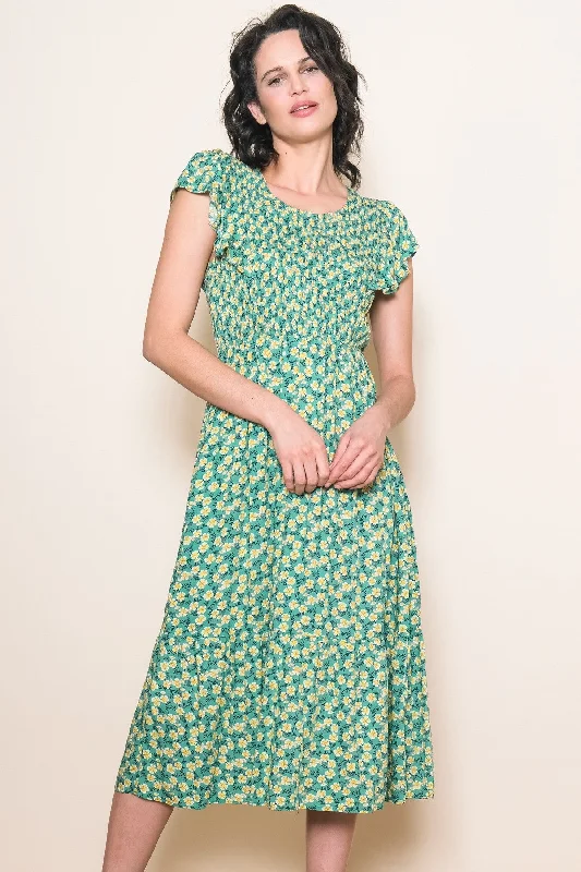 Green Floral Smocked Midi Dress Trendy Floral Wrap Midi Dress