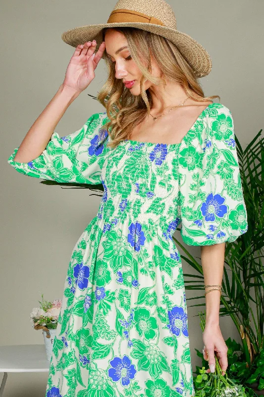 Green Floral Smocked Square Neck Midi Dress Cozy A-Line Midi Dress