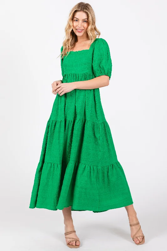 Green Textured Tiered Midi Dress Comfortable Sleeveless Midi Dress