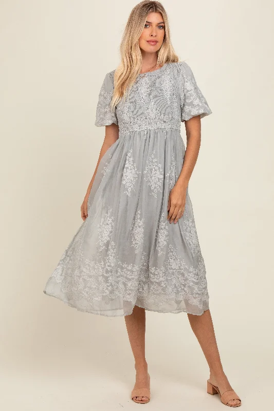 Grey Floral Lace Smocked Midi Dress Stylish Animal Print Midi Dress