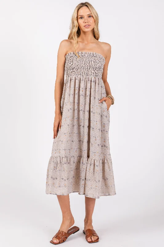 Grey Floral Print Smocked Bodice Tube Top Midi Dress Elegant Pleated Detail Midi Dress