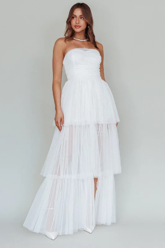 Haeven Tiered Strapless Maxi Dress White Chic Sleeveless Maxi Dress