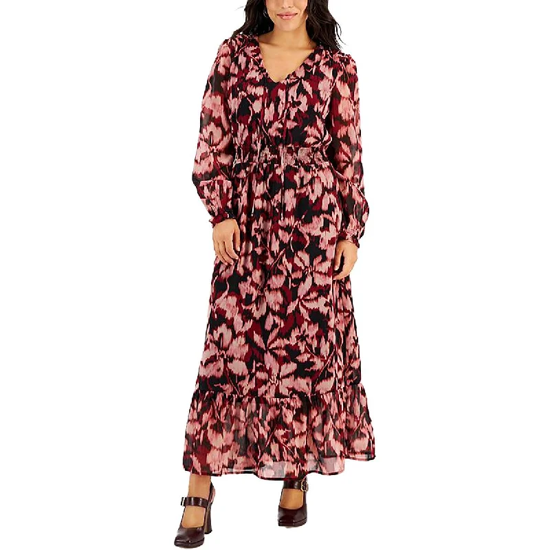 Harlow & Rose Womens Petites Chiffon Printed Maxi Dress Cozy Wrap Maxi Dress