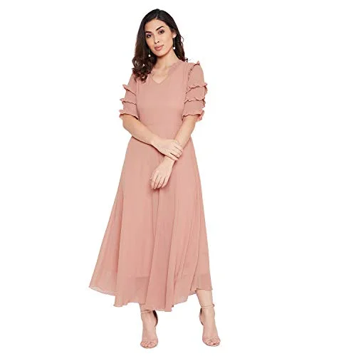 Hello Design Women Beige Frill Maxi Dress Trendy Short Sleeve Maxi Dress